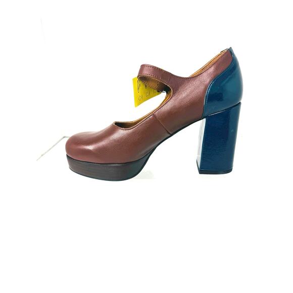 Fly London ERIL Platform Pumps Cognac & Navy Leather Retro 70s Chunky Heel 38 - Picture 8 of 11